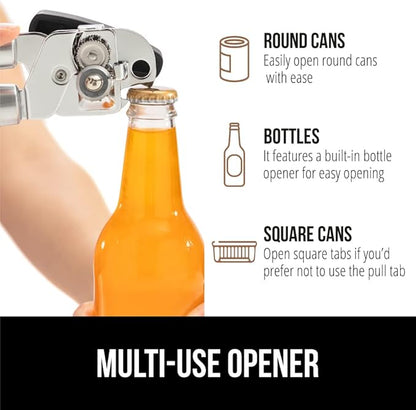 GORILLA GRIP Heavy Duty Stainless Steel Smooth Edge Manual Can Opener, Soft Comfortable Handle, Large Handheld Turn Knob, Built-In Bottle Openers, US Designed, Holiday Prep Kitchen Essential, Black